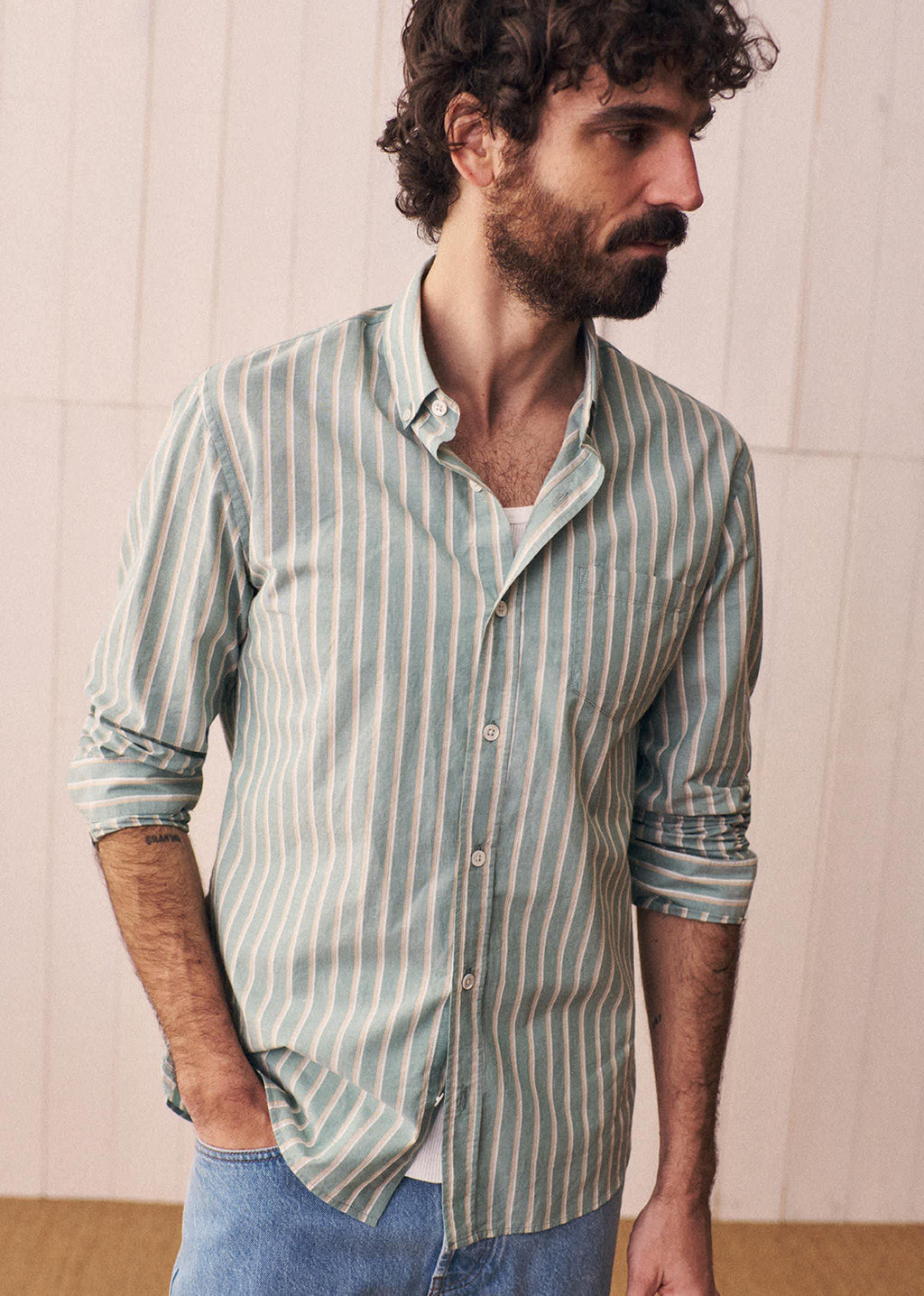 Chemise Charlie - Vert Rayures Beige / Blanc