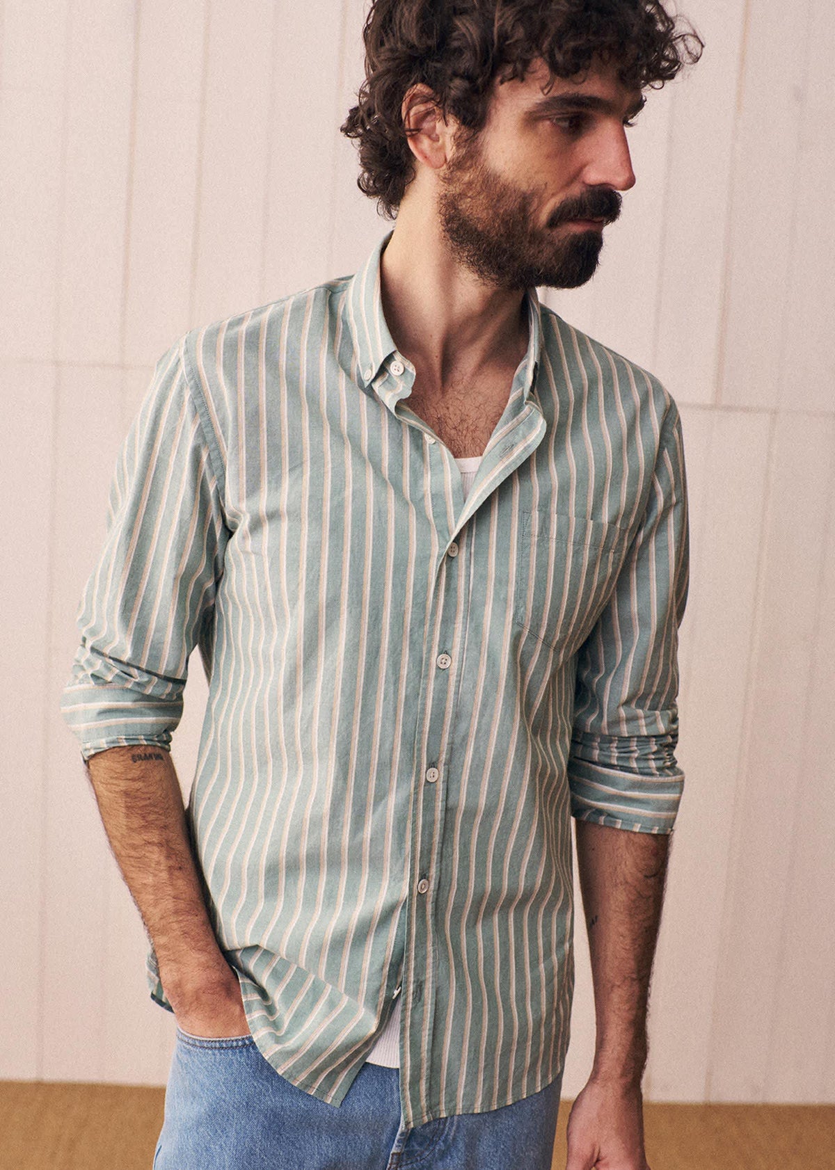 Chemise Charlie - Vert Rayures Beige / Blanc