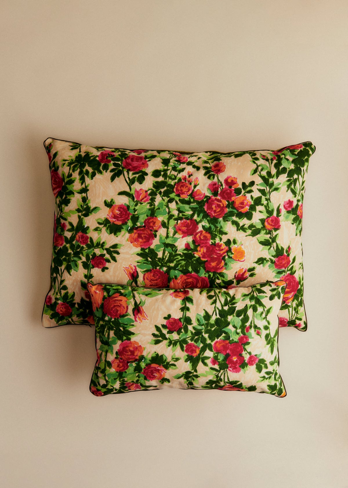 Coussin vintage velours vert - Très grand modèle - Imprimé Rosiers