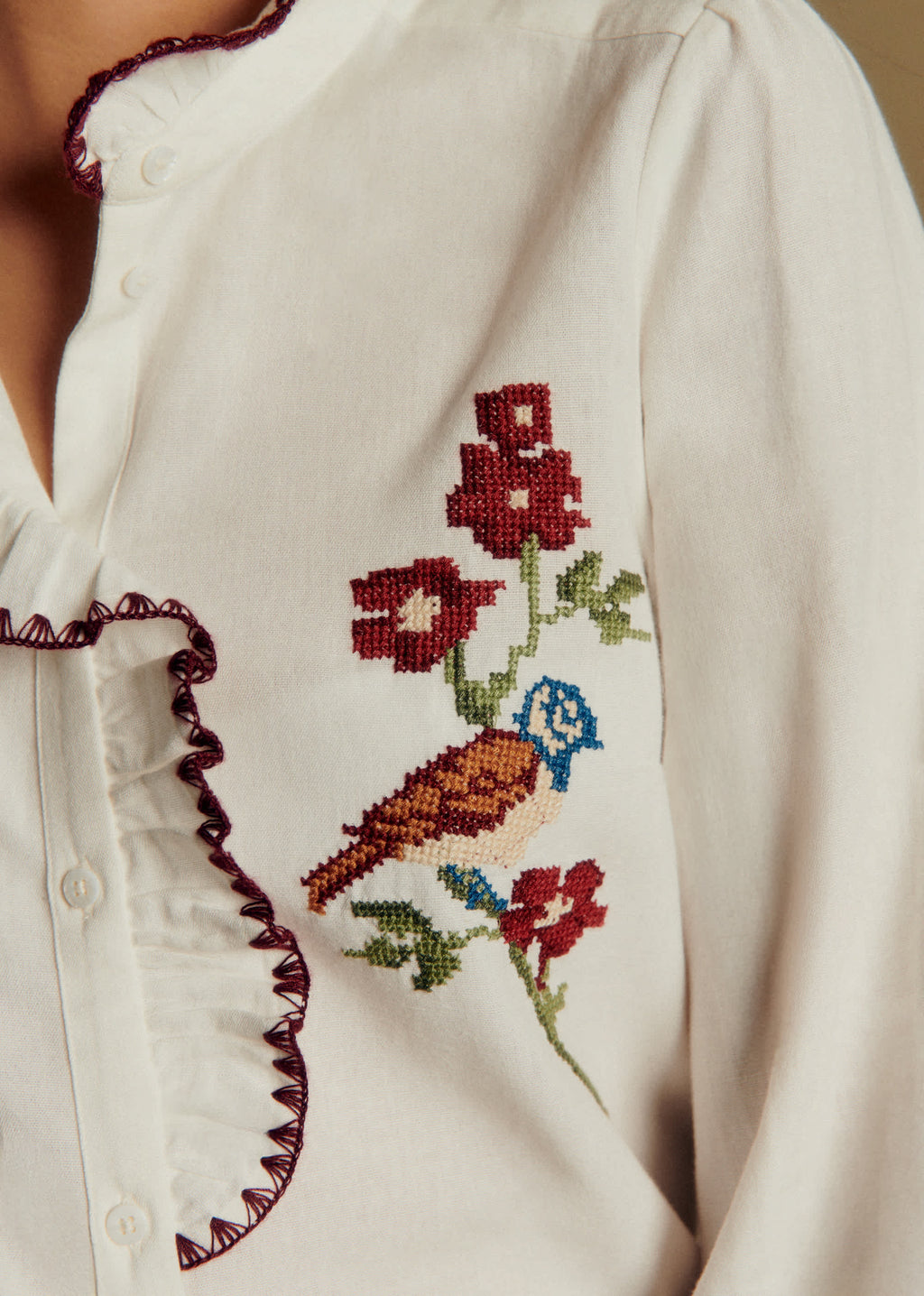 Chemise Chlo - Sézane x Baziszt - Oiseau Multico Fond Ecru