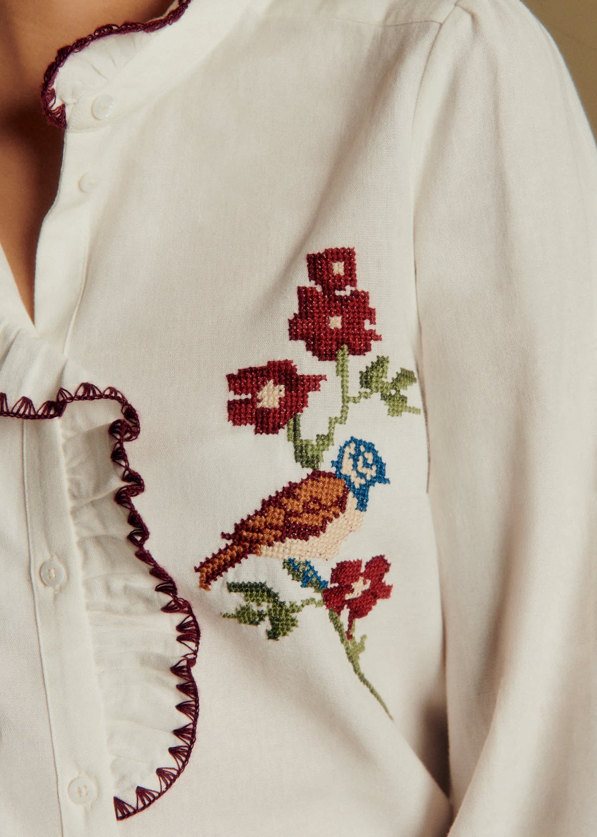 Chemise Chlo - Sézane x Baziszt - Oiseau Multico Fond Ecru