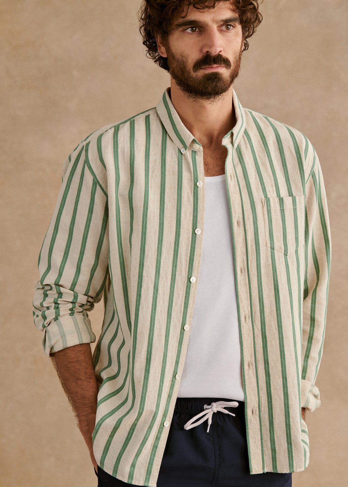 Chemise Charlie Coton Lin - Écru Rayures Vertes