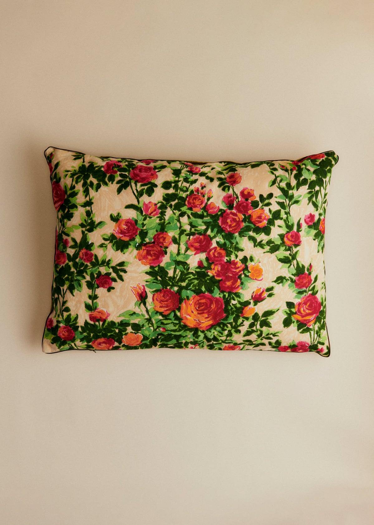 Coussin vintage velours vert - Très grand modèle - Imprimé Rosiers
