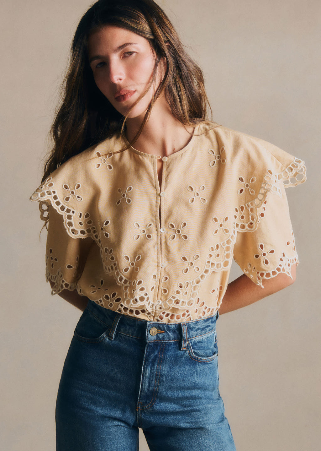 Chemise Sorella - Broderie Contrastée Ecru Fond Beige