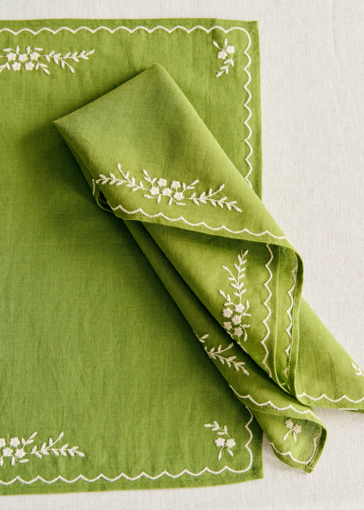 Set de 2 serviettes - Brodées Primavera - Vert Olive et Ecru
