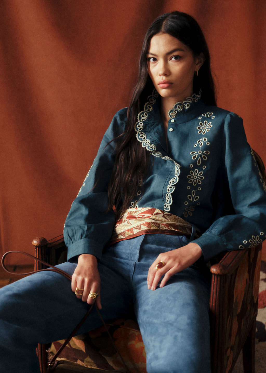 Chemise Coline - Sézane x Baziszt - Lia Ecru Fond Indigo