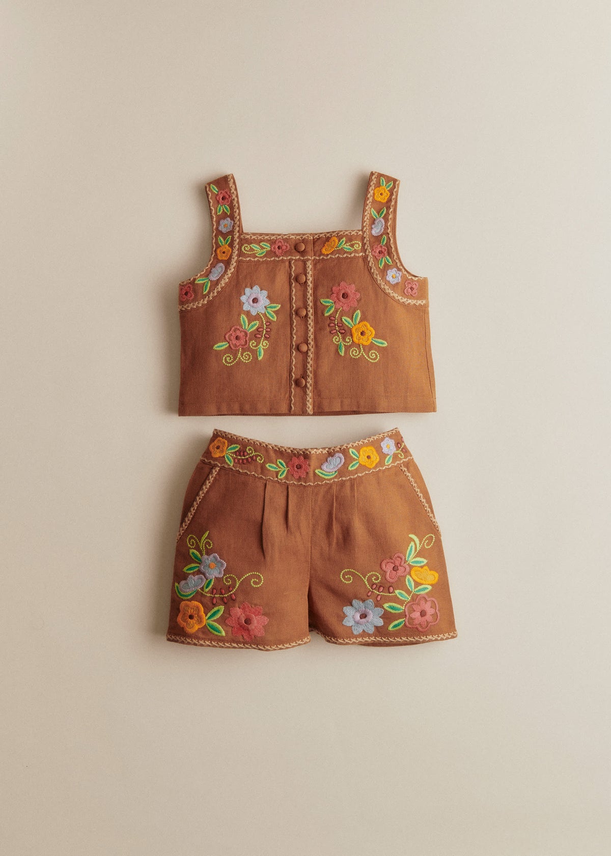 Top Paloma - Broderie Contrastée Fond Marron