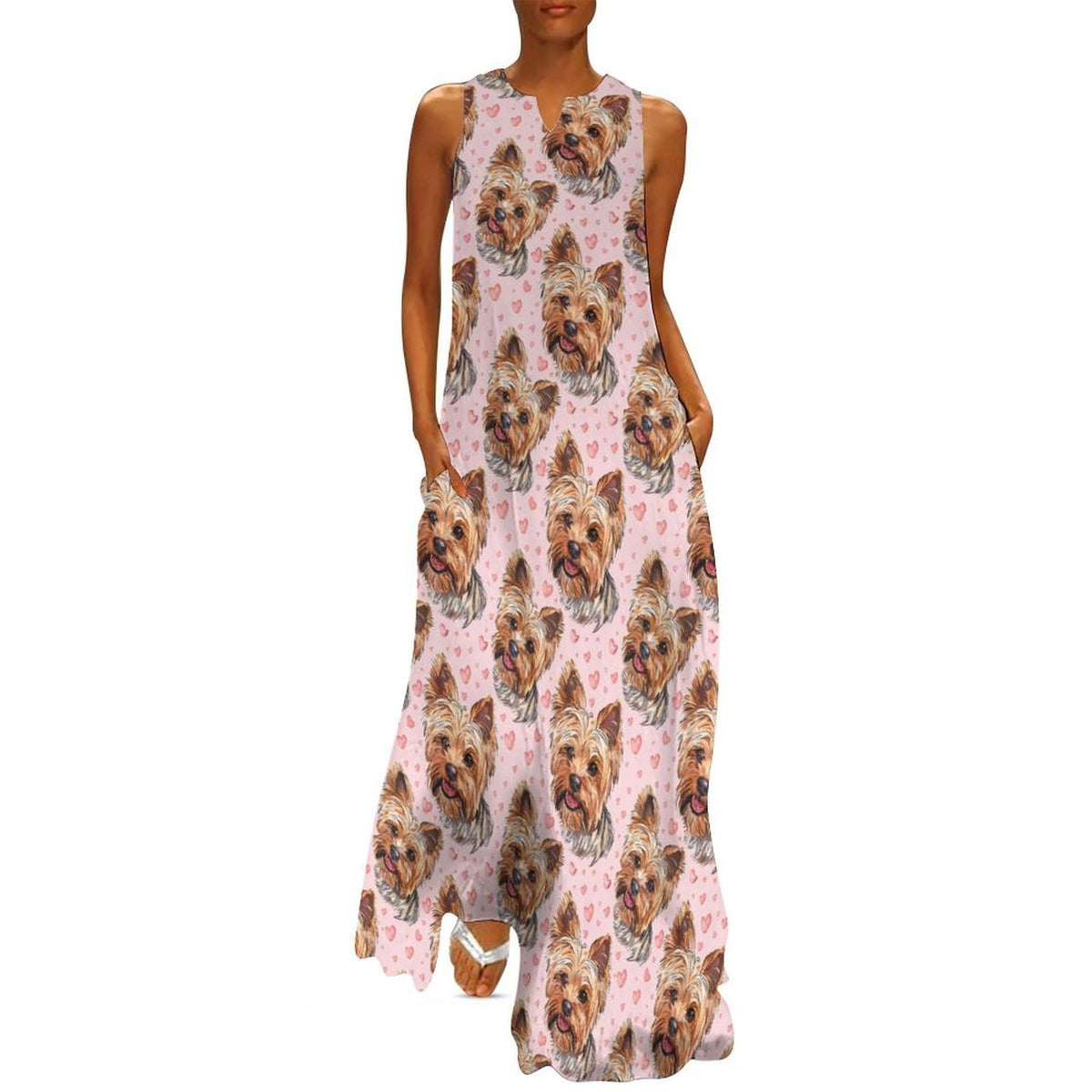 Robe longue maxi d'été pour femme, sans manches, à bretelles, avec un adorable motif de Yorkshire.