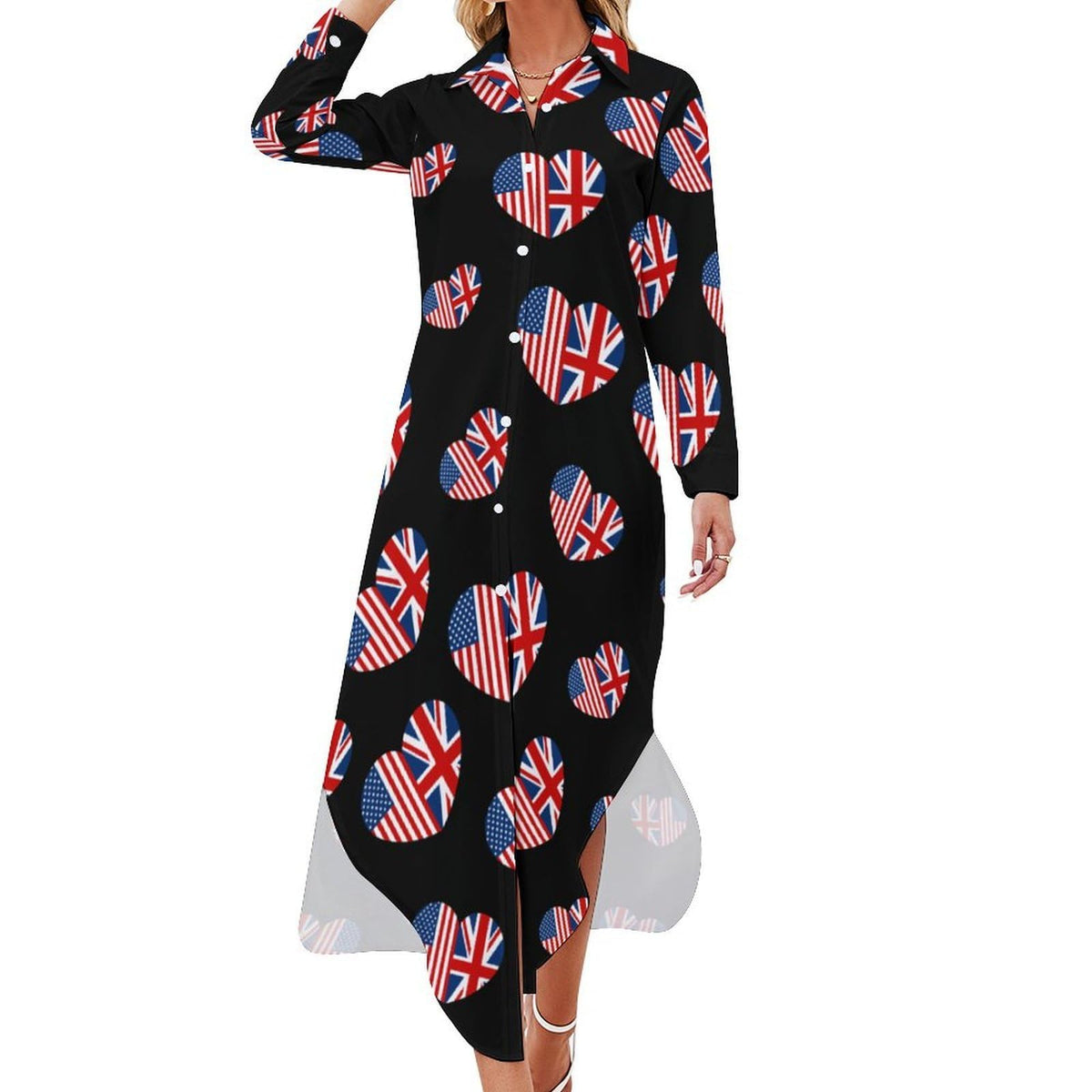 Robe-chemise tendance pour femme avec motif cœur et drapeaux américains et britanniques, boutonnée, manches longues, maxi, robe d'été