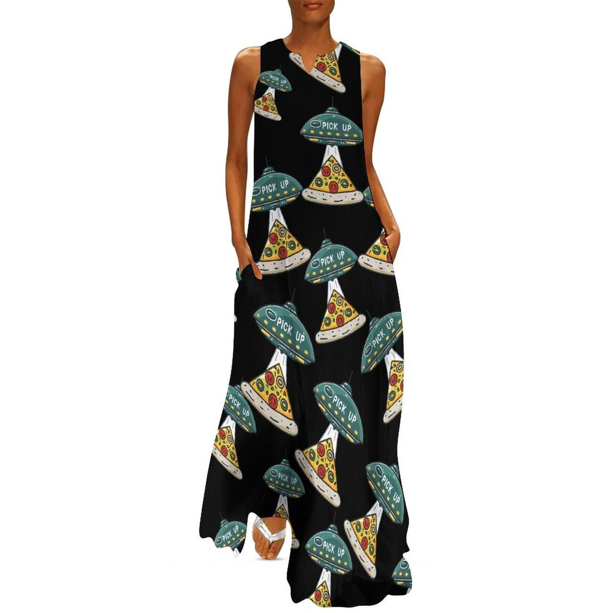 Robe longue maxi maxi sans manches pour femme, col en V, coupe ample, style cocktail, avec poches