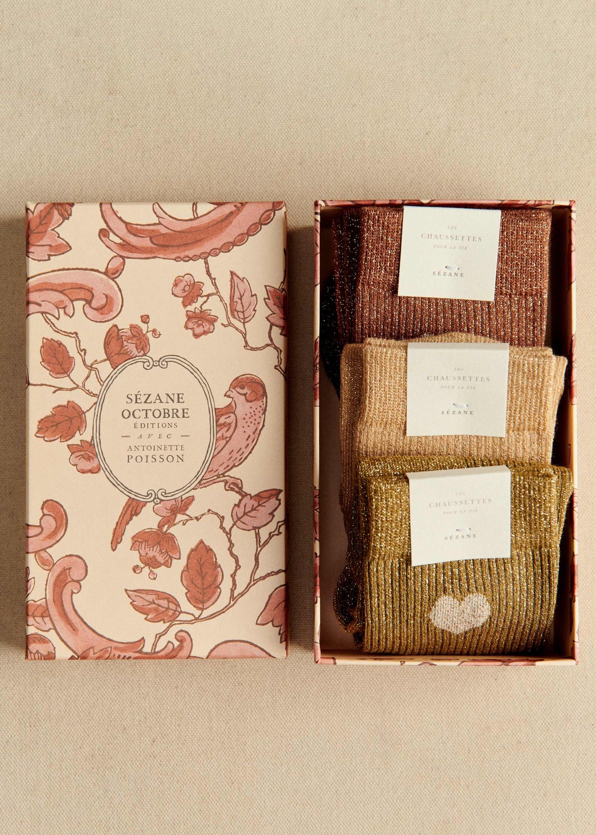 Coffret de 3 chaussettes lurex coeur - Brun Kaki Doré