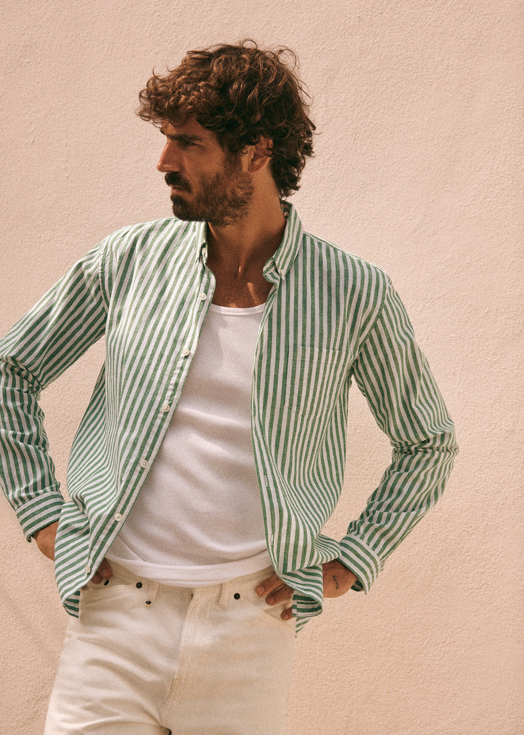 Chemise Charlie Coton Lin - Rayures Blanc / Vert