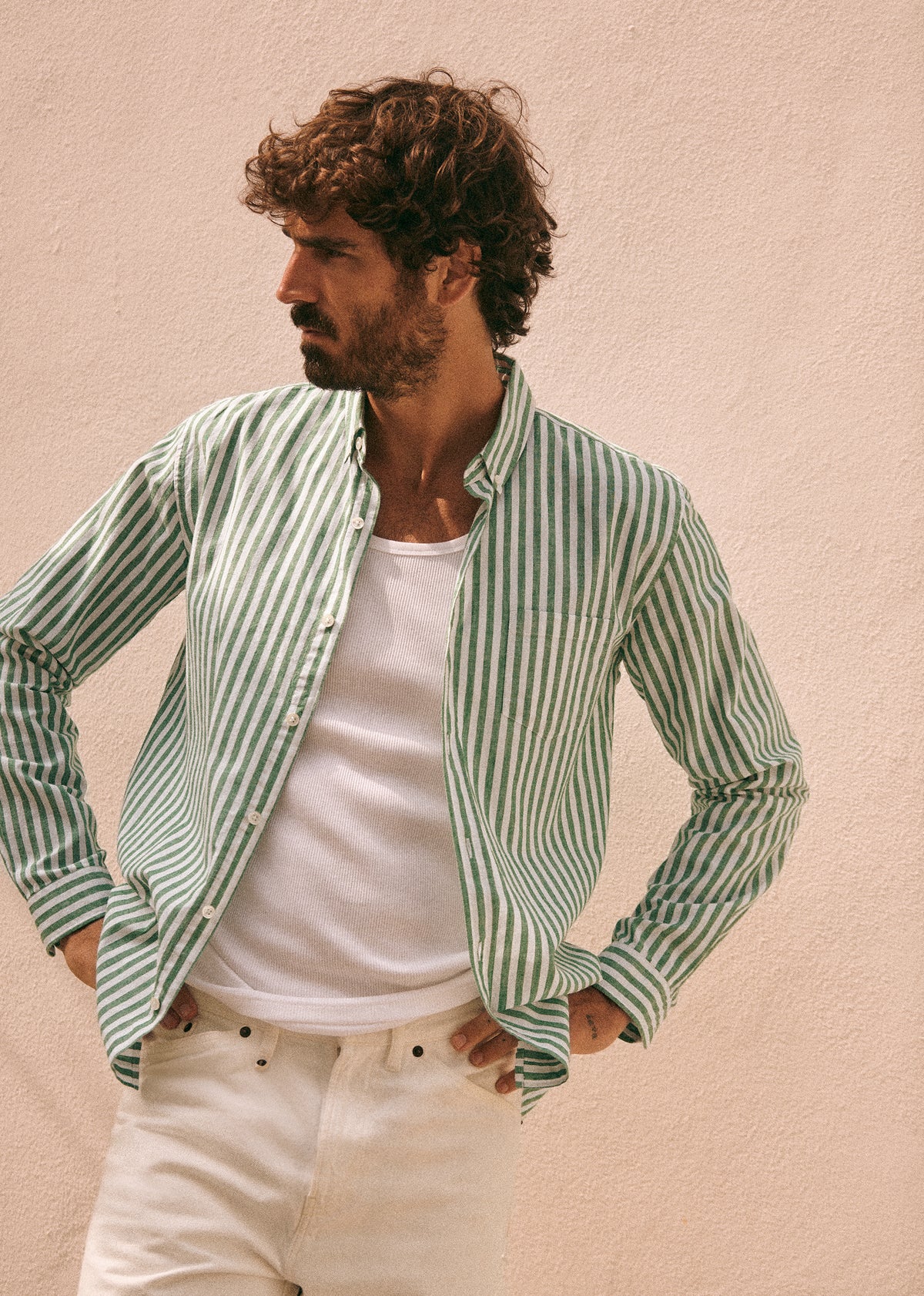 Chemise Charlie Coton Lin - Rayures Blanc / Vert