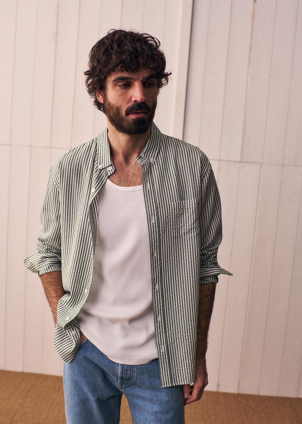Chemise Charlie Seersucker - Blanc Rayures Vertes