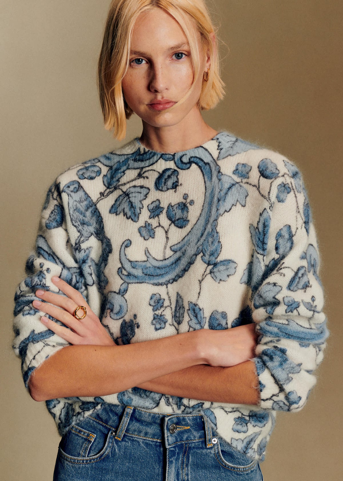 Pull Thibault - Sézane x Antoinette Poisson - Imprimé Oiseaux Bleus