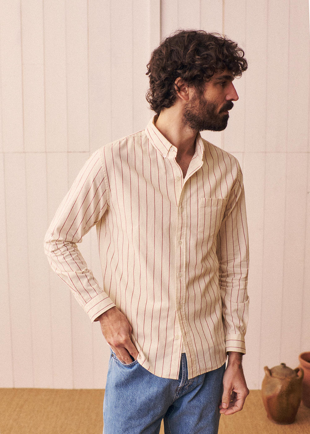 Chemise Charlie Coton Lin - Écru Rayures Fines Rouges