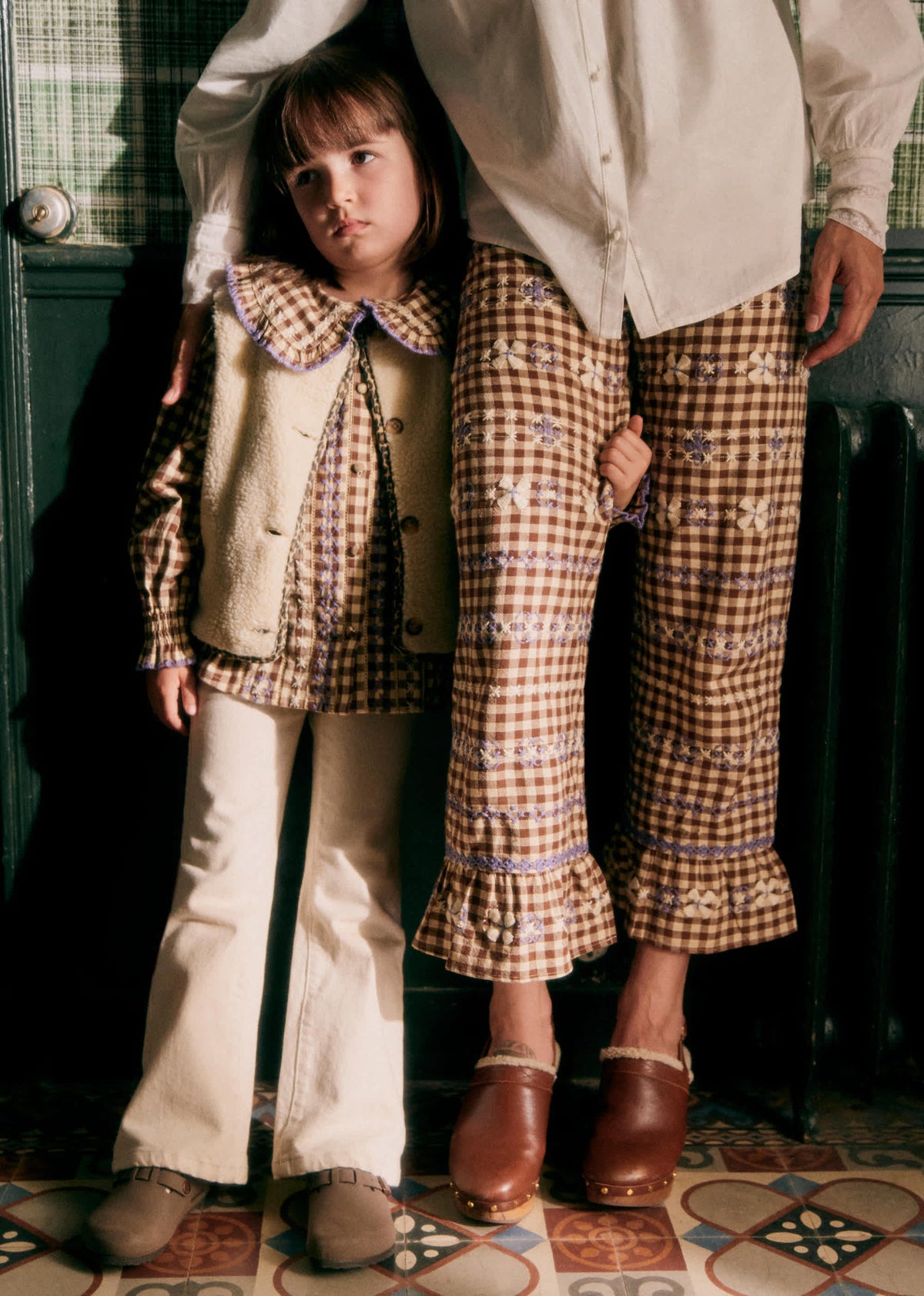 Pantalon Alexio - Vichy Marron Broderies Lila