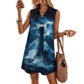 Robe sans manches à col en V, motif phare et orage, taille 5XL | Robe d'été décontractée, douce et respirante