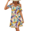 Robe courte d'été décontractée à épaules dénudées, manches à volants et imprimé aquarelle notes de musique et touches de piano