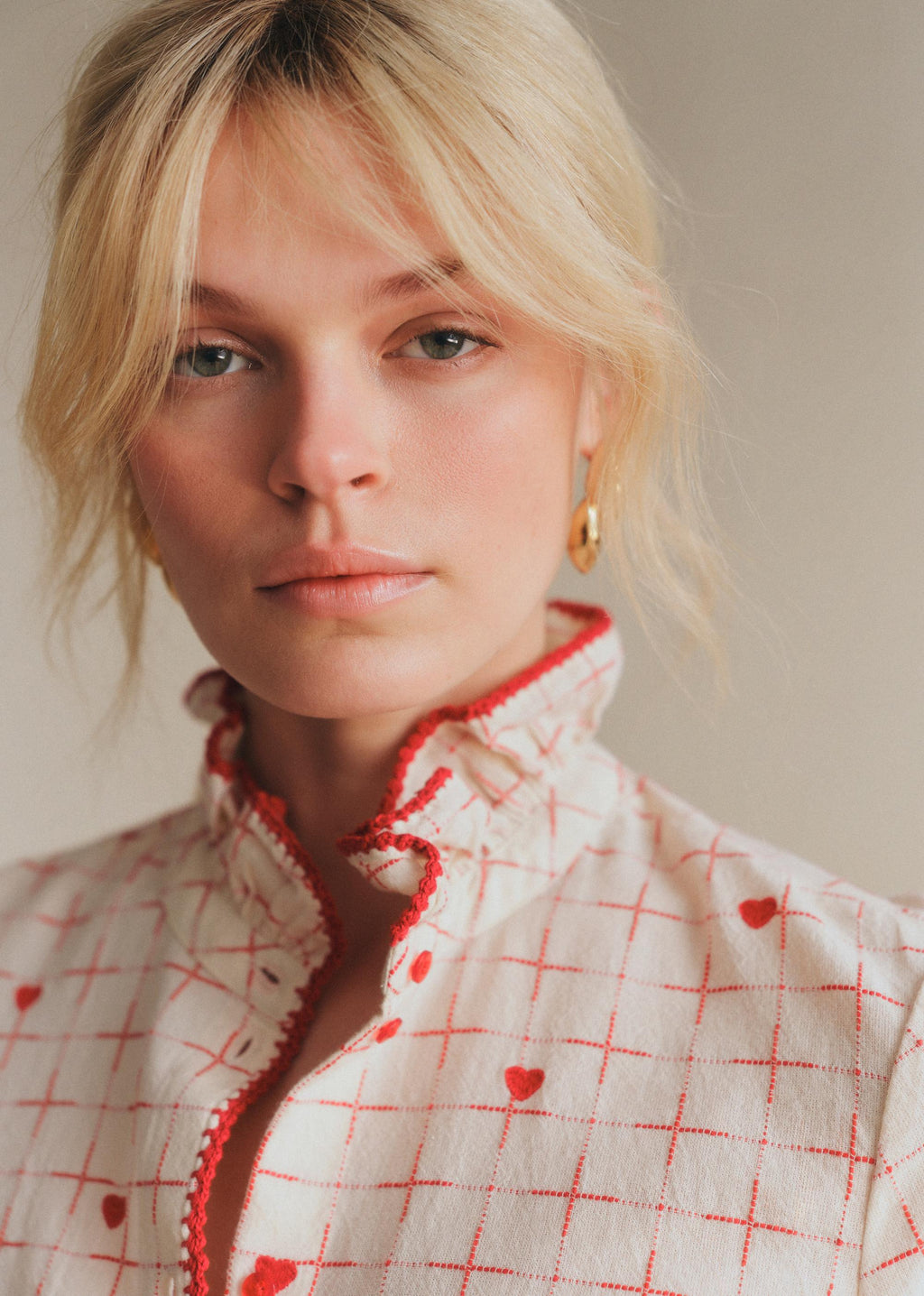 Chemise Lise - Carreaux Et Coeur Rouge Fond Ecru