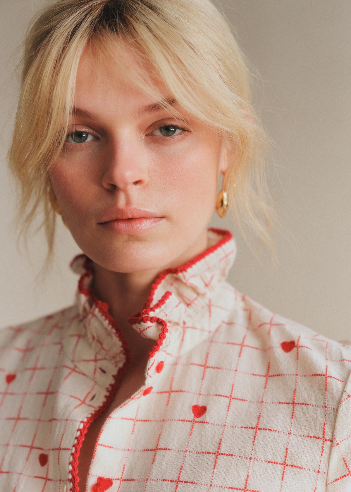 Chemise Lise - Carreaux Et Coeur Rouge Fond Ecru