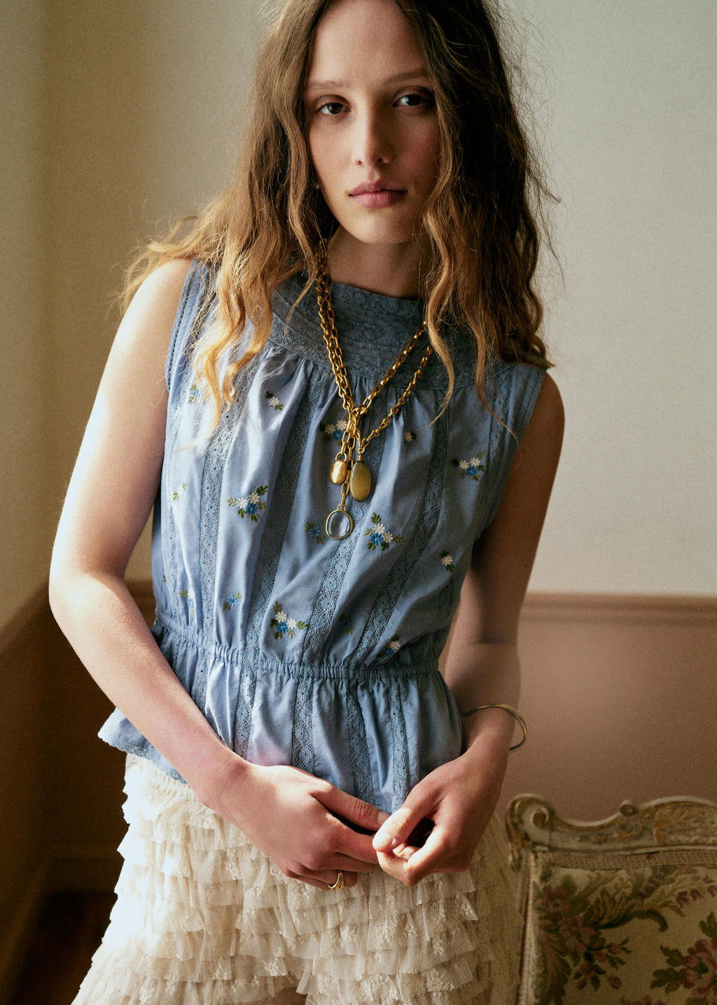 Blouse Dorrit - Broderie Contrastée Écru Fond Ciel
