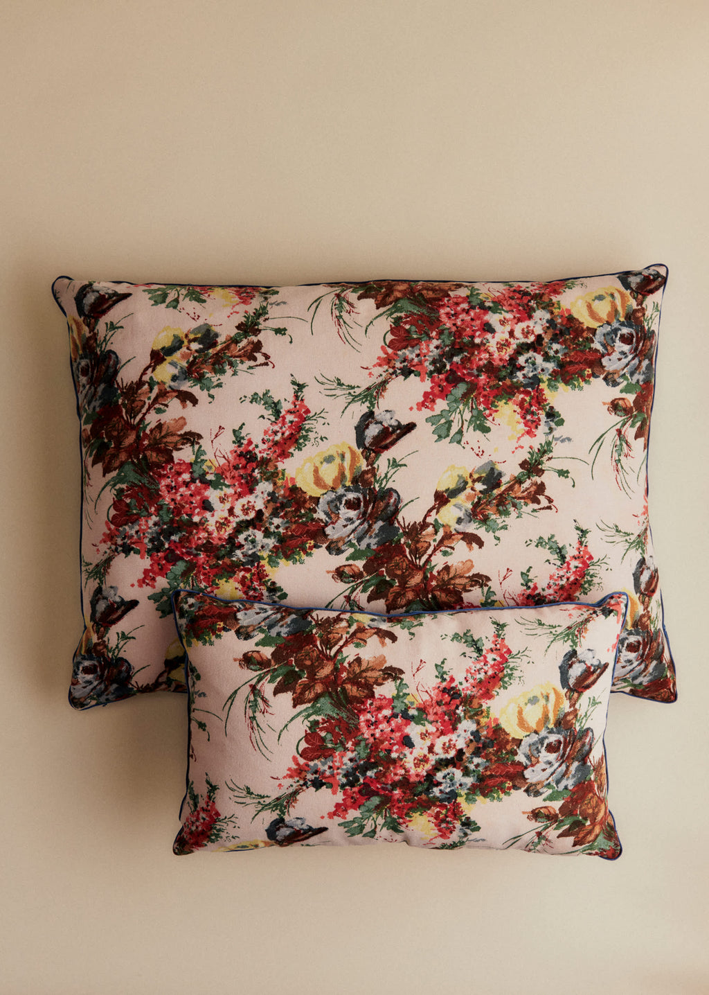 Coussin vintage velours bleu - Très grand modèle - Imprimé Branches Multico