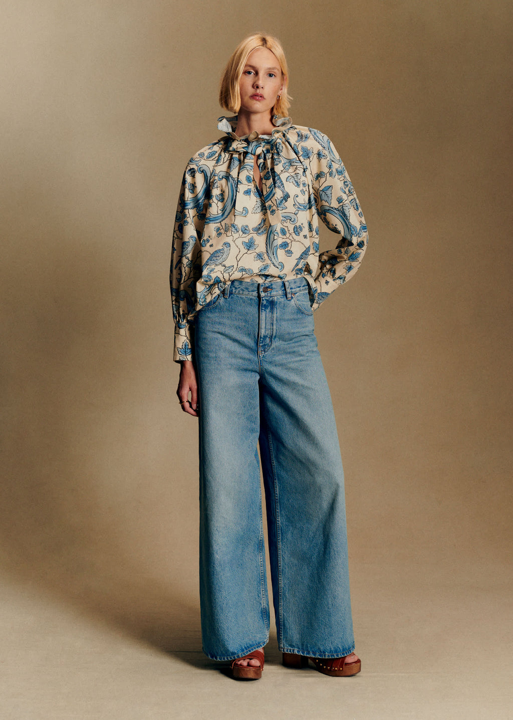 Blouse HILLIS - Sézane x Antoinette Poisson - Imprimé Oiseaux Bleus