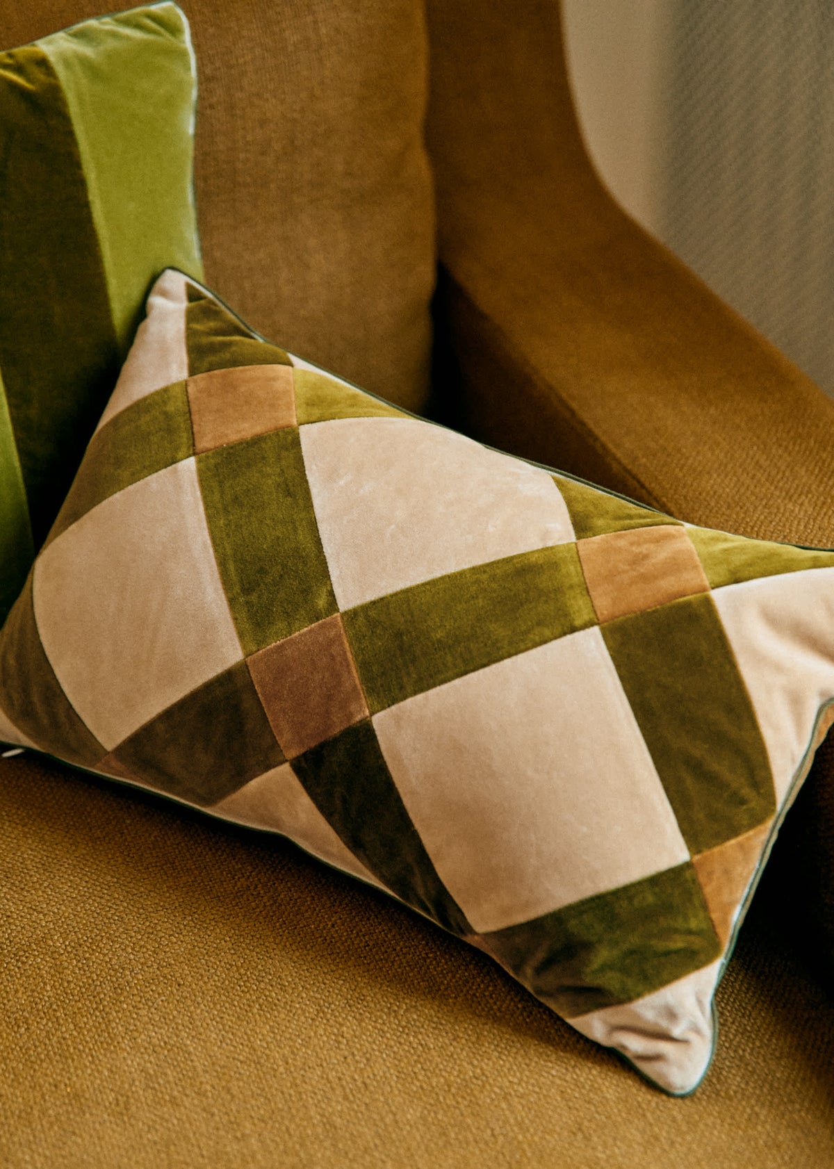 Coussin Velours Patchwork - Petit modèle - Beige et Kaki
