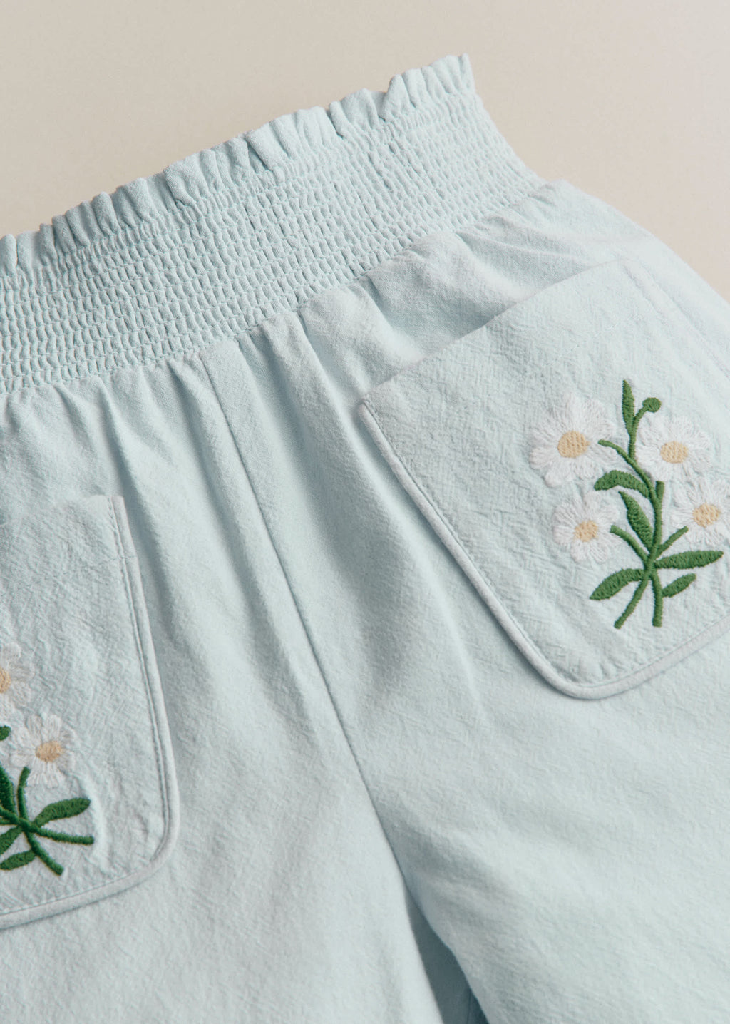 Pantalon Solane - Broderie Contrastée Marguerite Fond Bleu Ciel