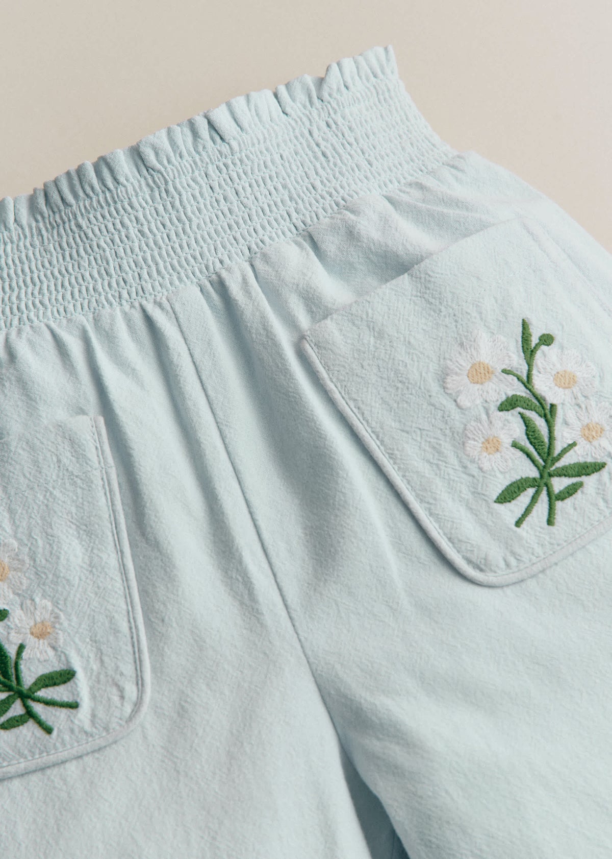 Pantalon Solane - Broderie Contrastée Marguerite Fond Bleu Ciel