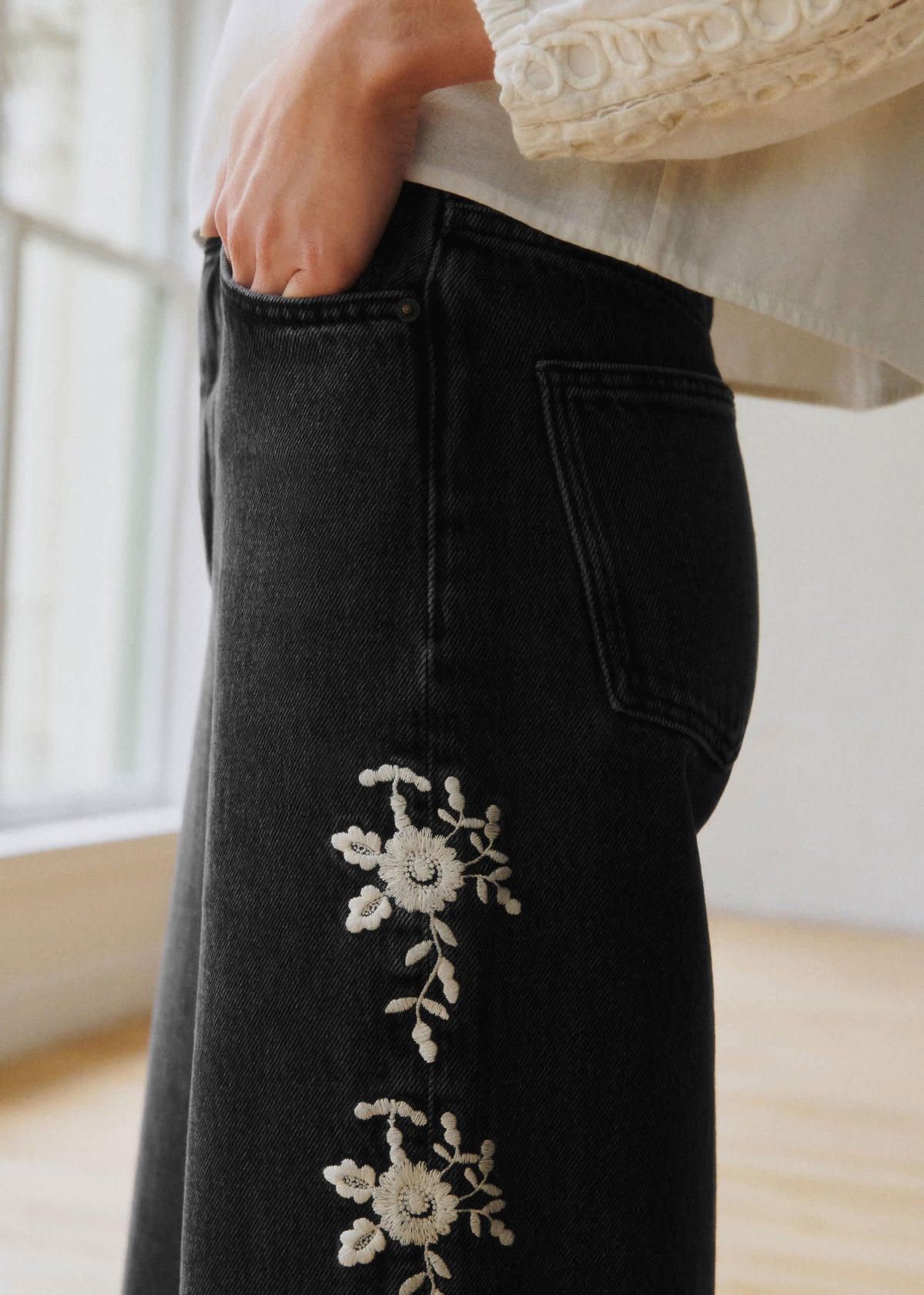 Pantalon Valentin - Sézane x SEA NY - Broderie Écru Fond Gris