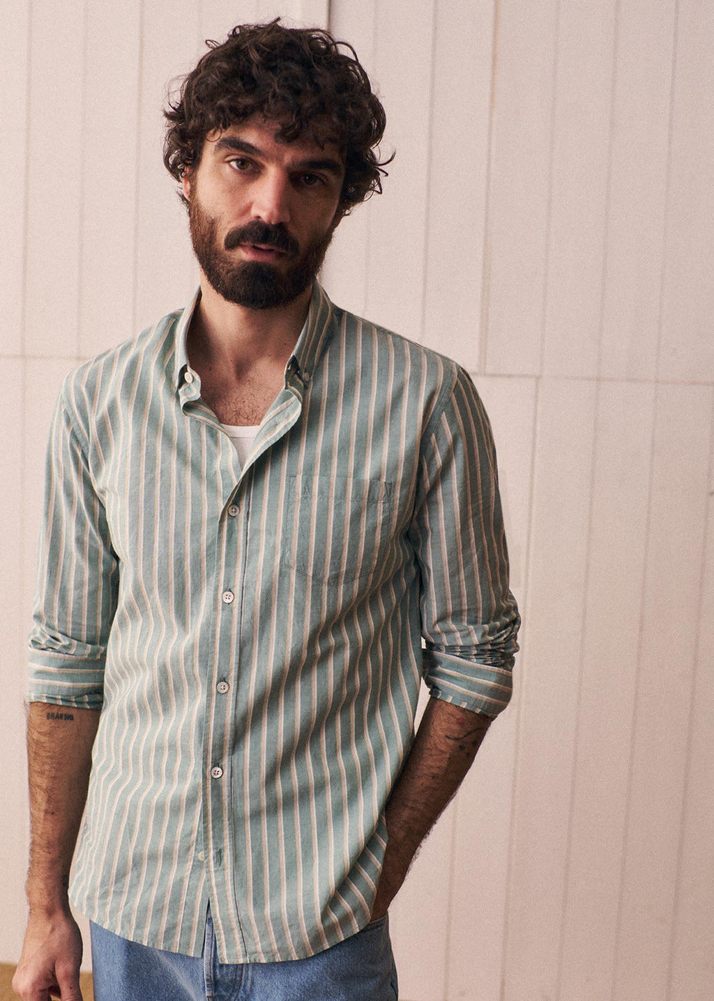 Chemise Charlie - Vert Rayures Beige / Blanc