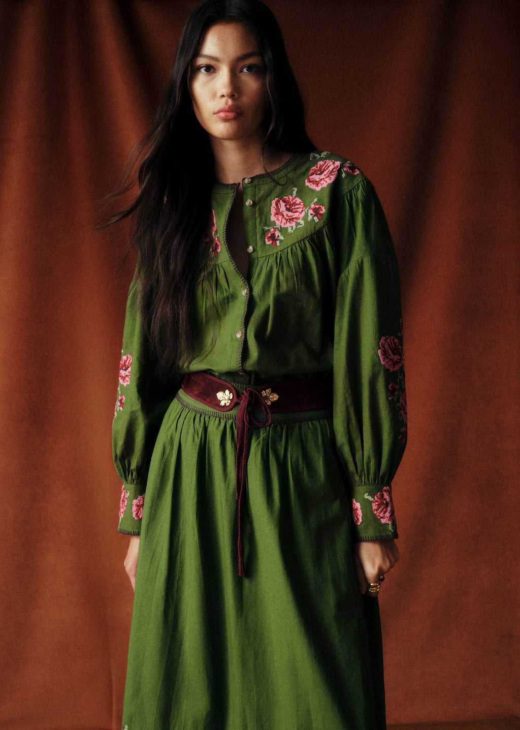 Chemise Orla - Sézane x Baziszt - Fleurs Multico Fond Vert Bambou