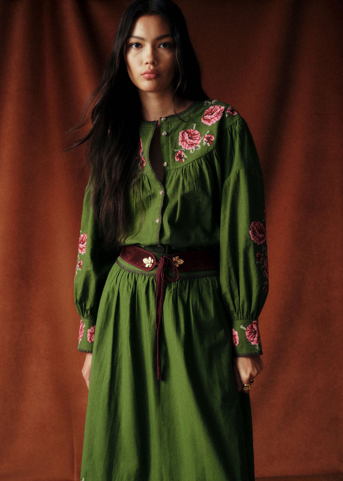 Chemise Orla - Sézane x Baziszt - Fleurs Multico Fond Vert Bambou
