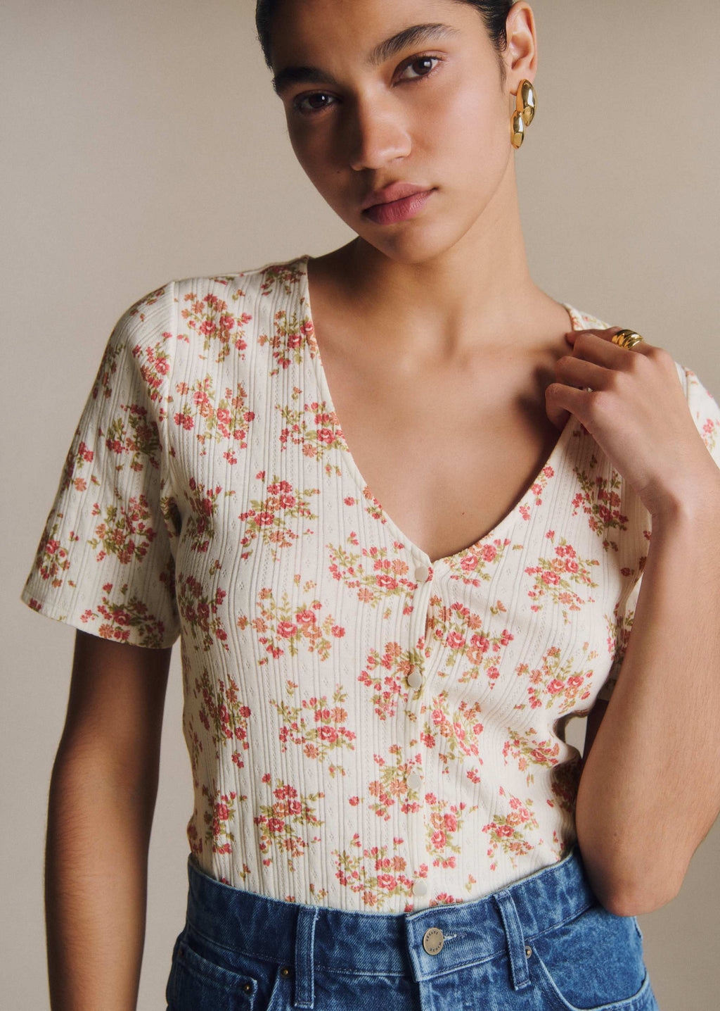 T-Shirt Jana - Imprimé Roses Corail