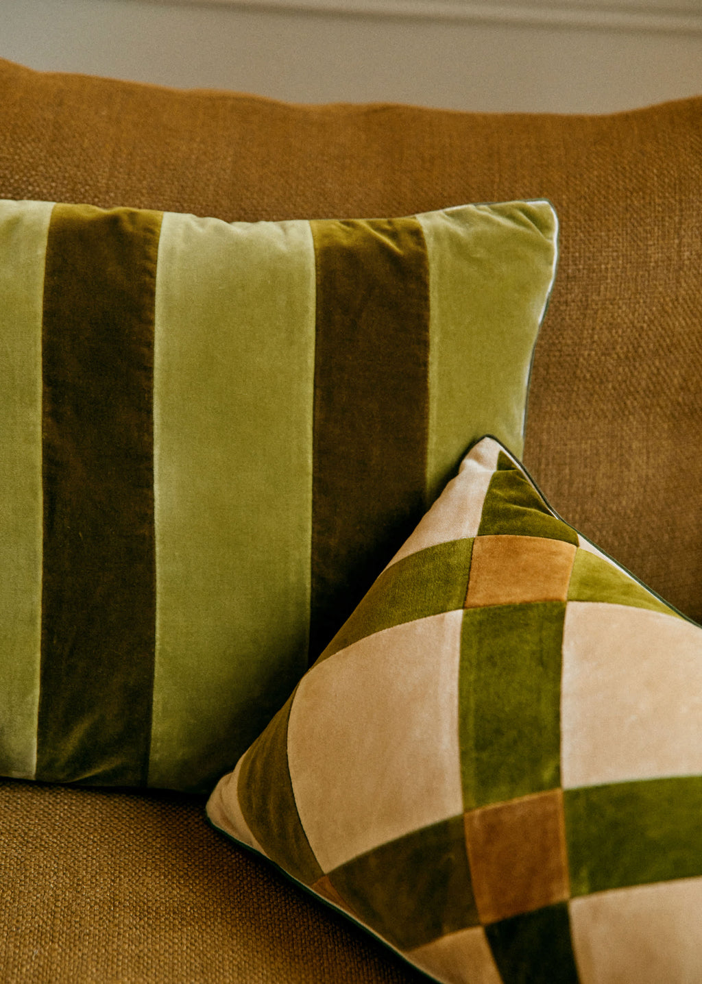 Coussin Rayures Velours - Grand modèle - Vert et Kaki