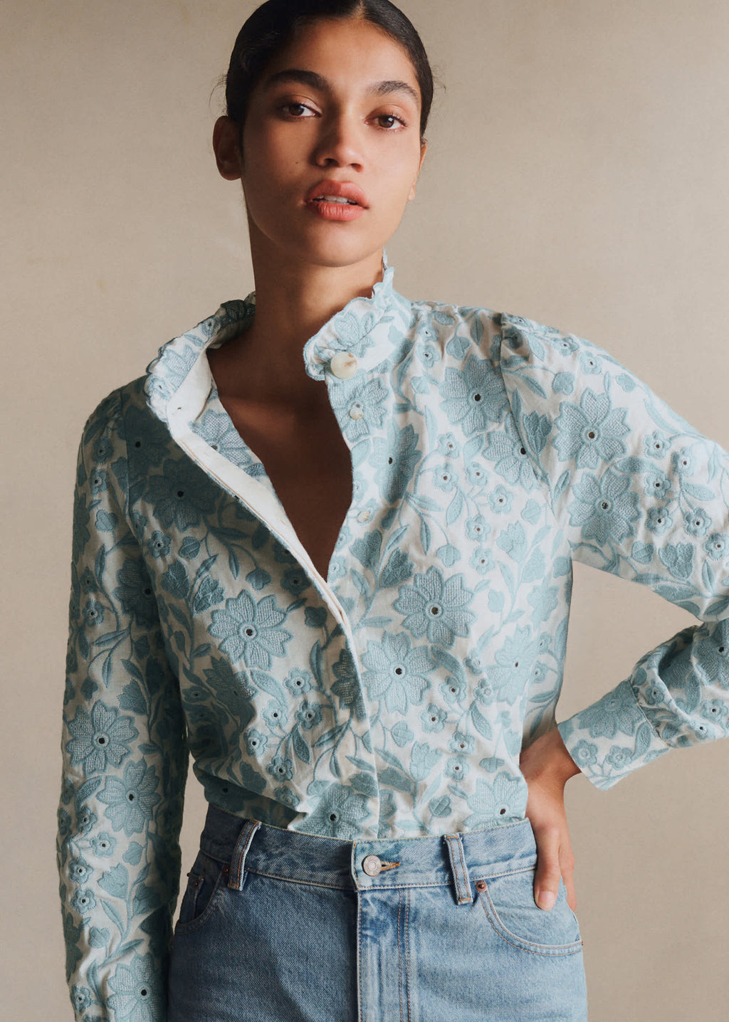 Chemise Ambre - Broderie Contrastée Écru Bleu