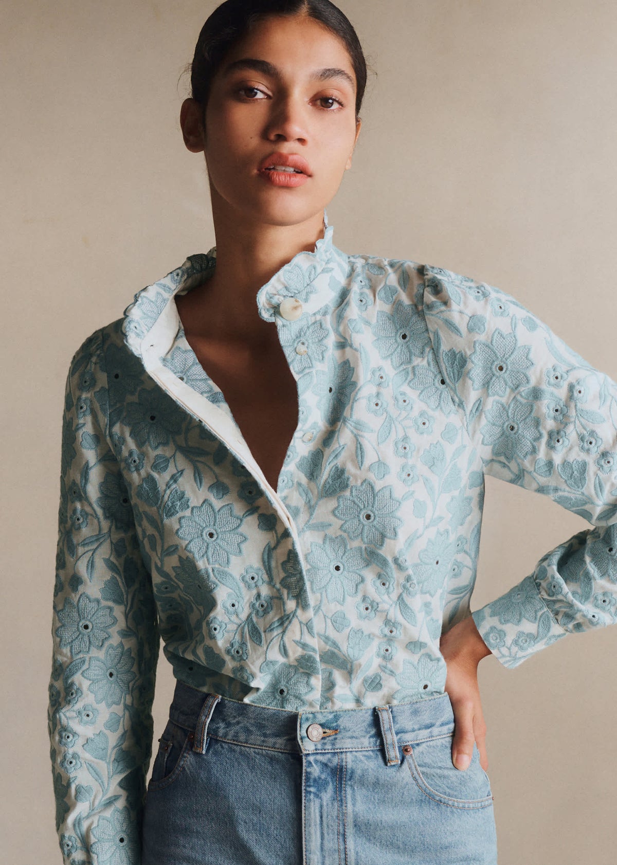 Chemise Ambre - Broderie Contrastée Écru Bleu