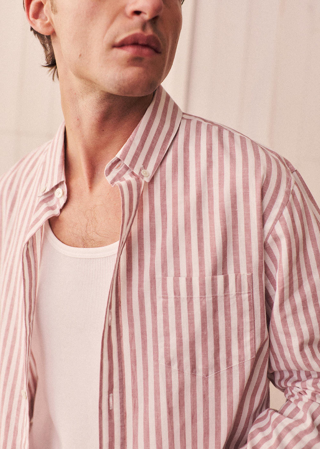 Chemise Charlie Coton Lin - Rayures Rose Ancien / Blanc
