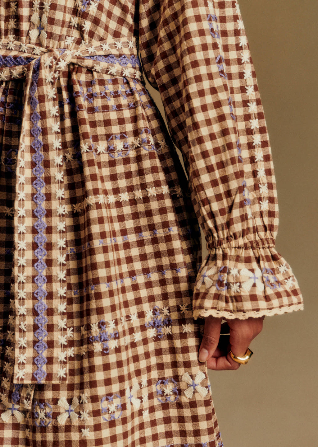 Robe Véronique - Vichy Marron Broderies Lila