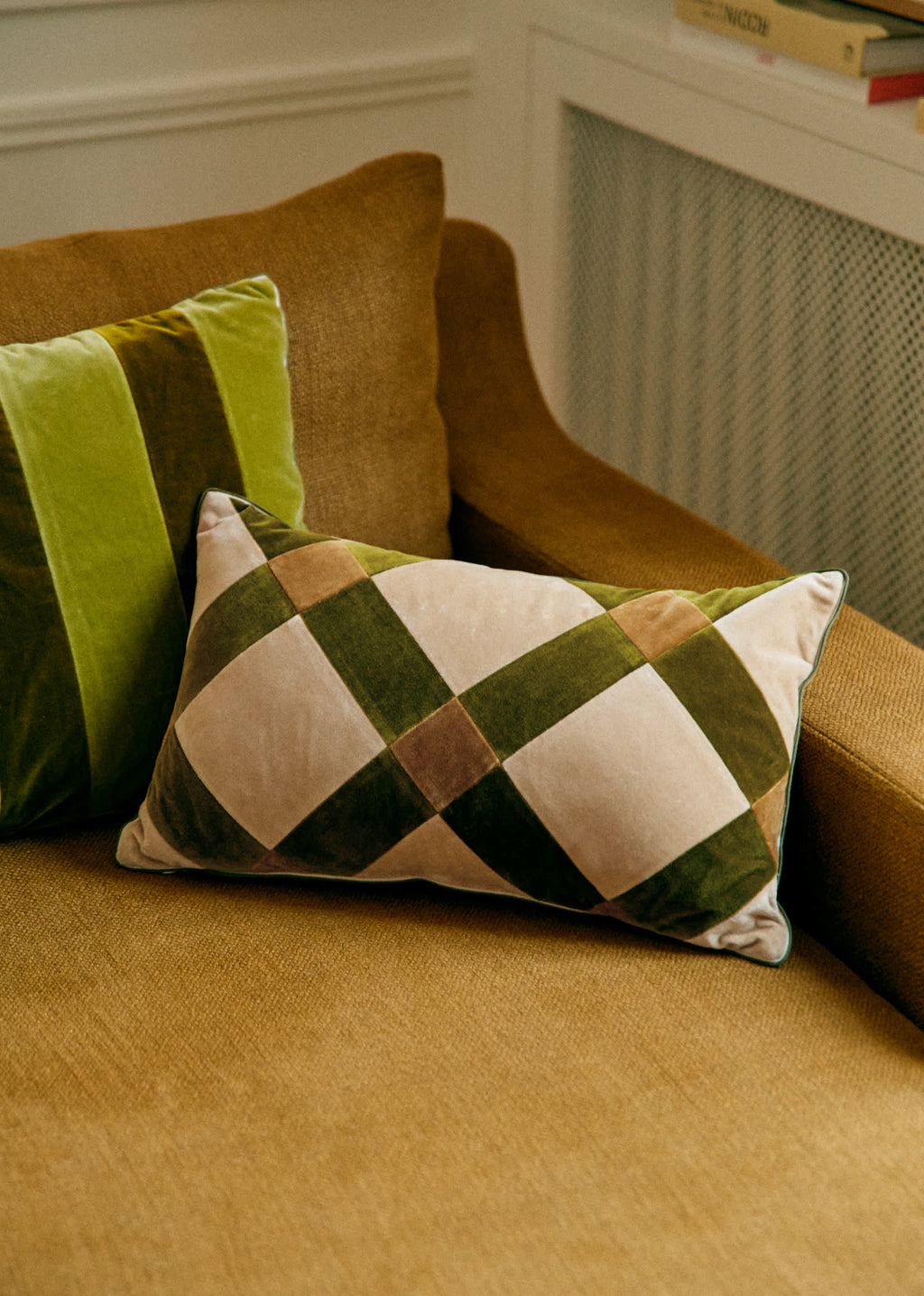 Coussin Velours Patchwork - Petit modèle - Beige et Kaki