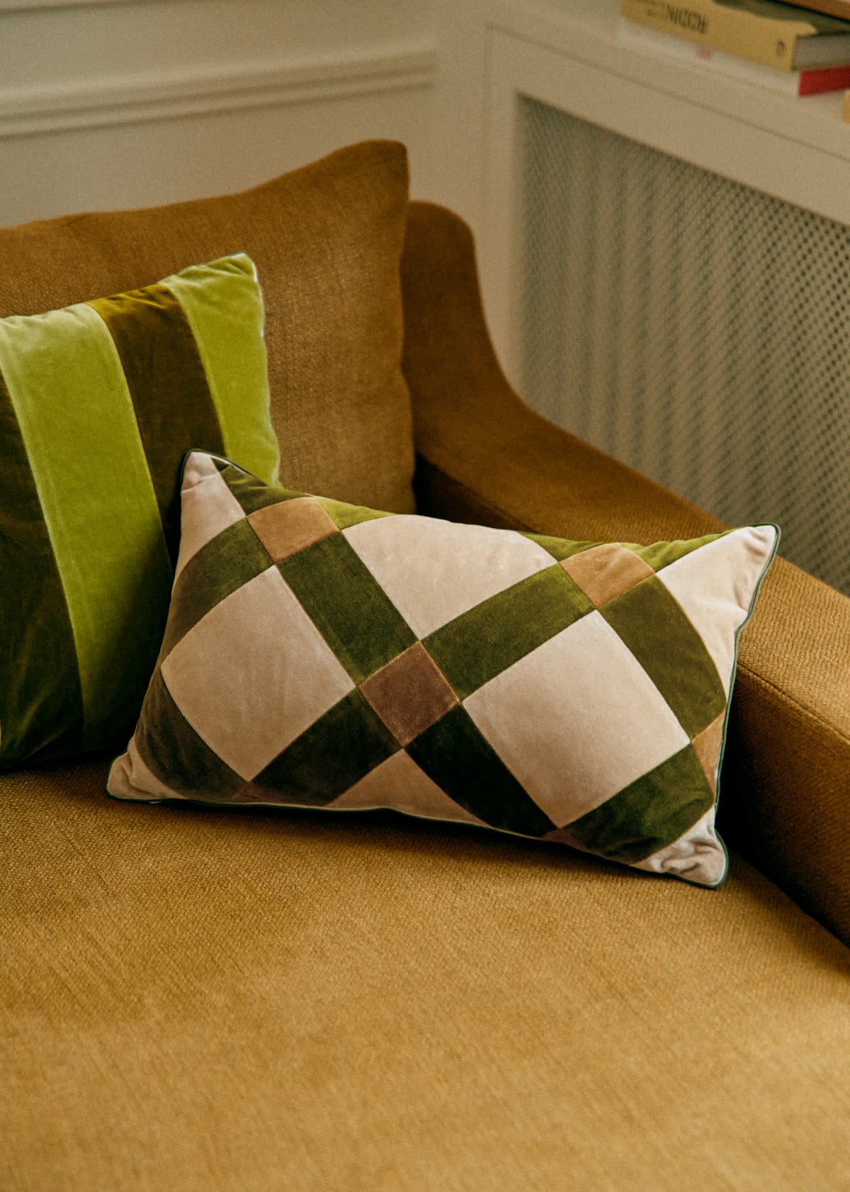 Coussin Velours Patchwork - Petit modèle - Beige et Kaki