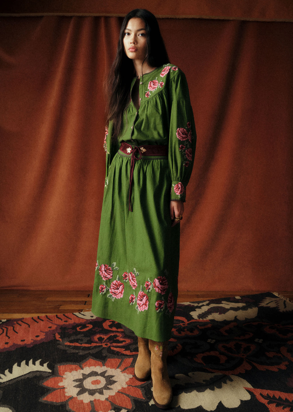 Chemise Orla - Sézane x Baziszt - Fleurs Multico Fond Vert Bambou
