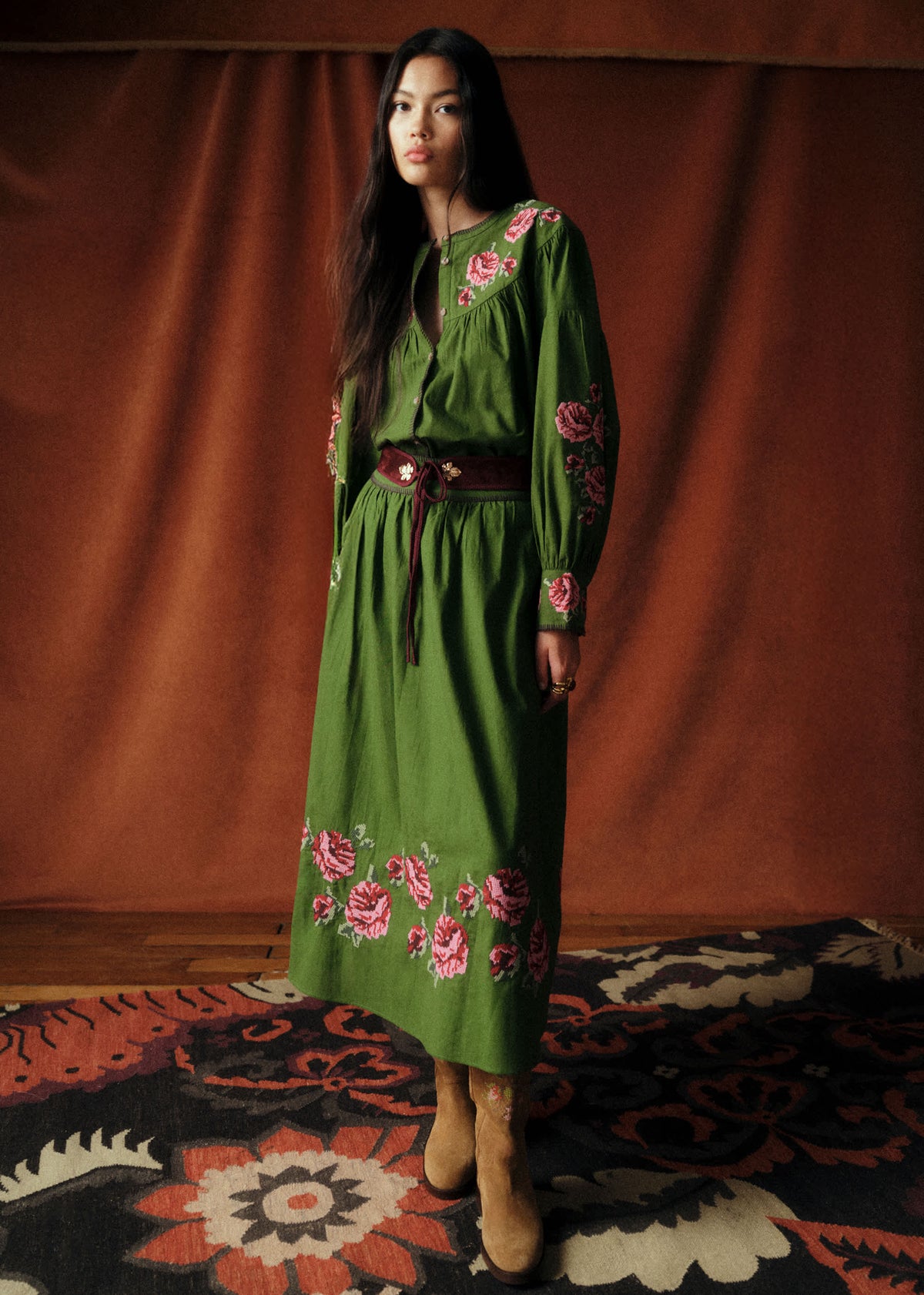 Chemise Orla - Sézane x Baziszt - Fleurs Multico Fond Vert Bambou
