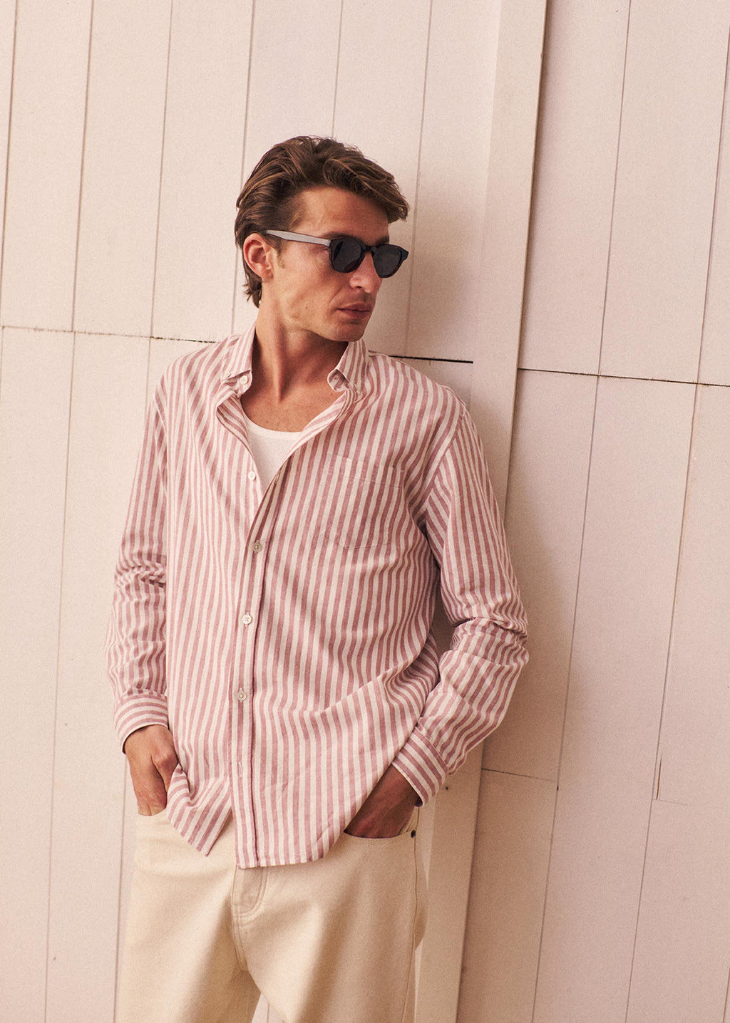 Chemise Charlie Coton Lin - Rayures Rose Ancien / Blanc