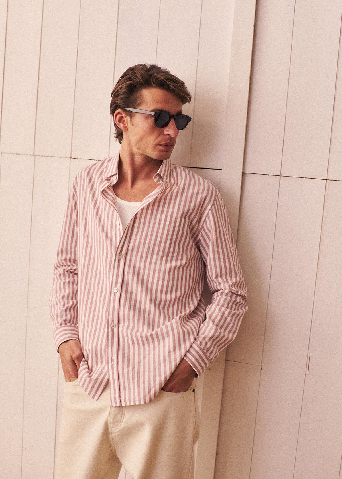 Chemise Charlie Coton Lin - Rayures Rose Ancien / Blanc