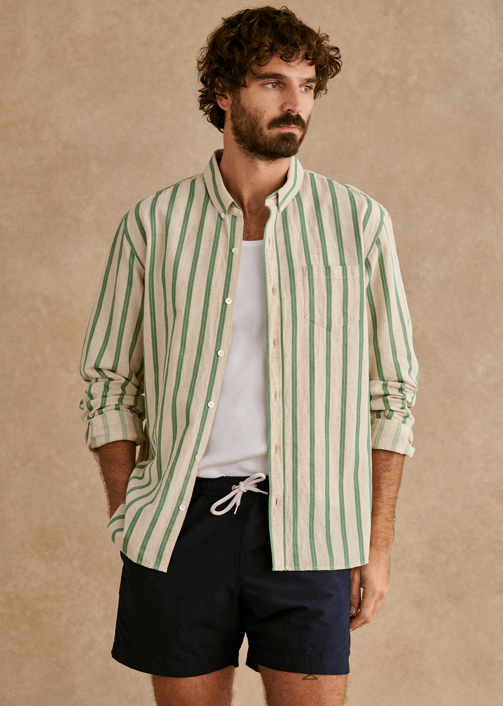Chemise Charlie Coton Lin - Écru Rayures Vertes