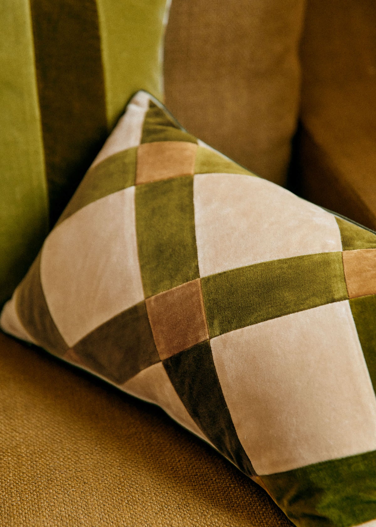 Coussin Velours Patchwork - Petit modèle - Beige et Kaki