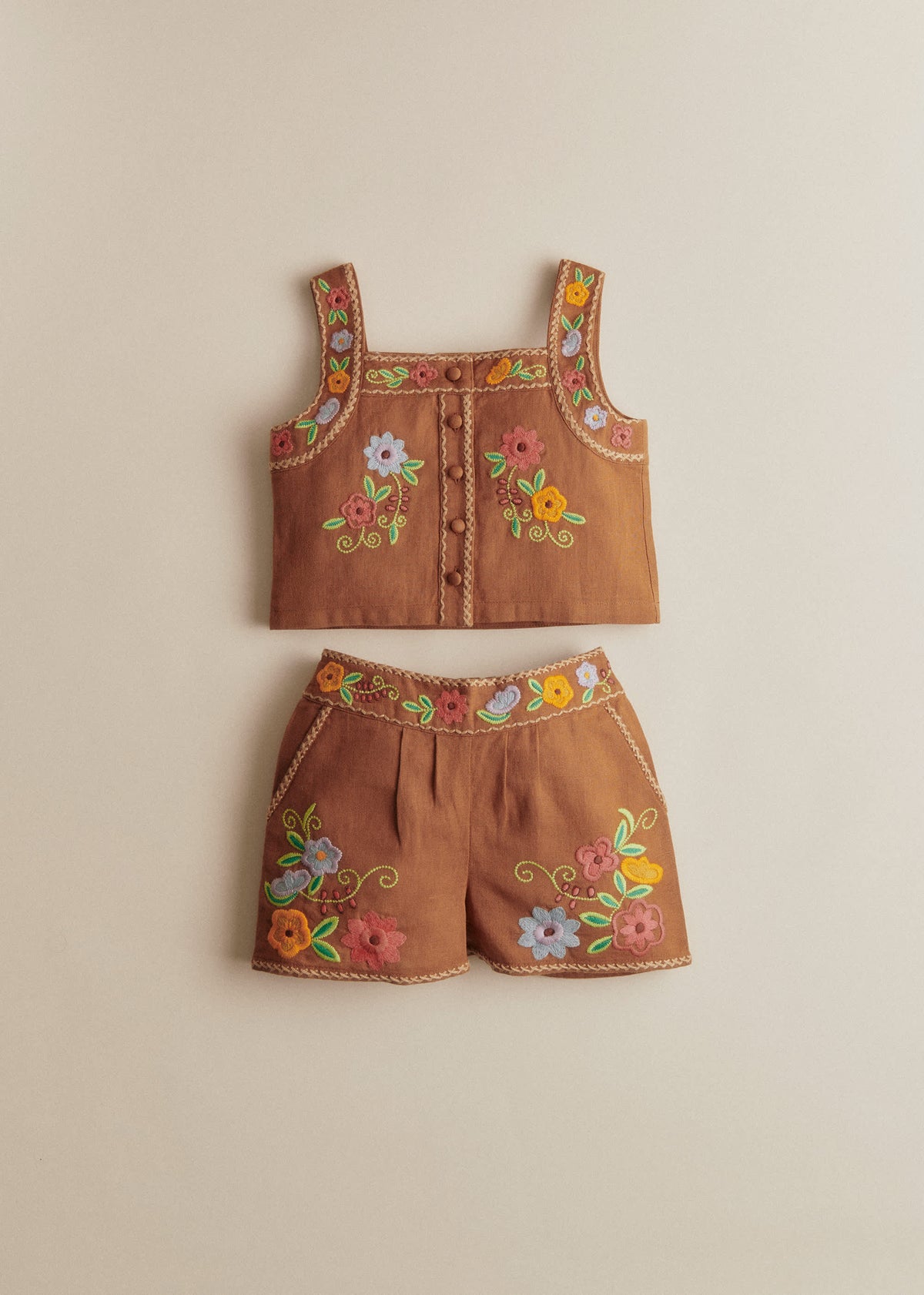 Short Rachelle - Broderie Contrastée Fond Marron